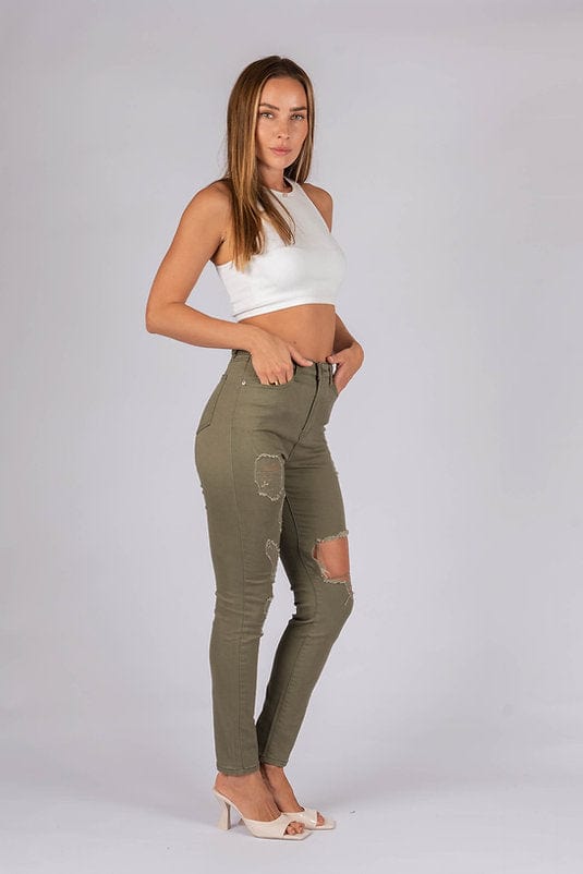 Olive green best sale ripped jeans womens