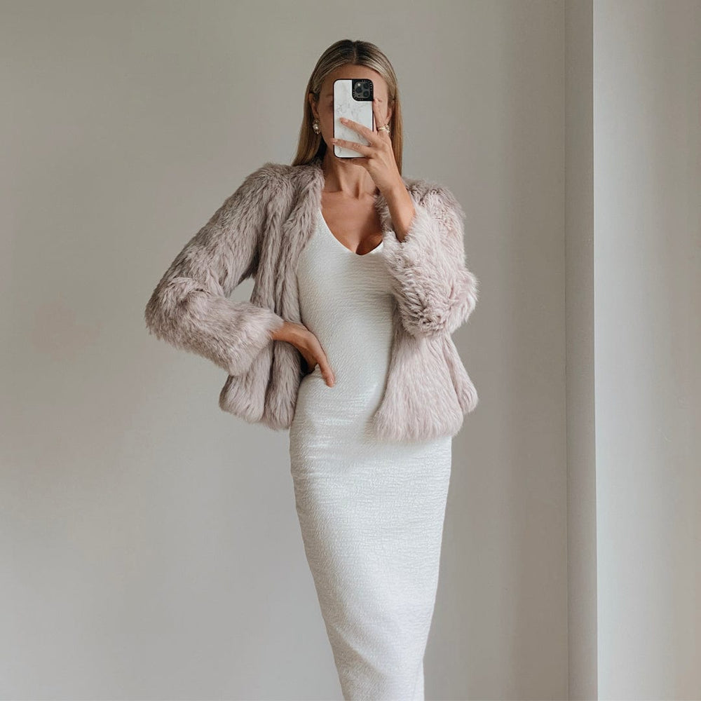 JANE Beige Long Sleeve Classic Fur Jacket