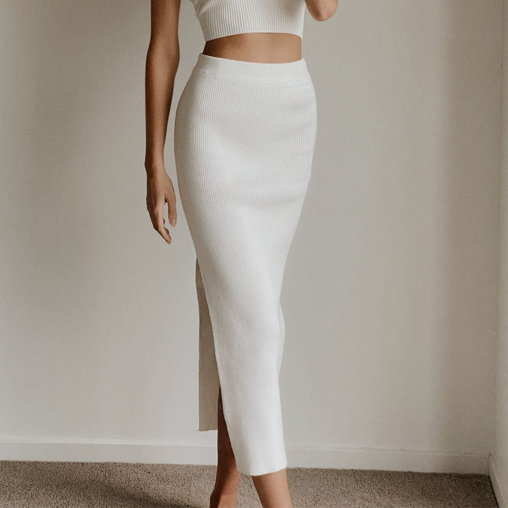 SOFIA White High Waist Bodycon Knit Midi Skirt White