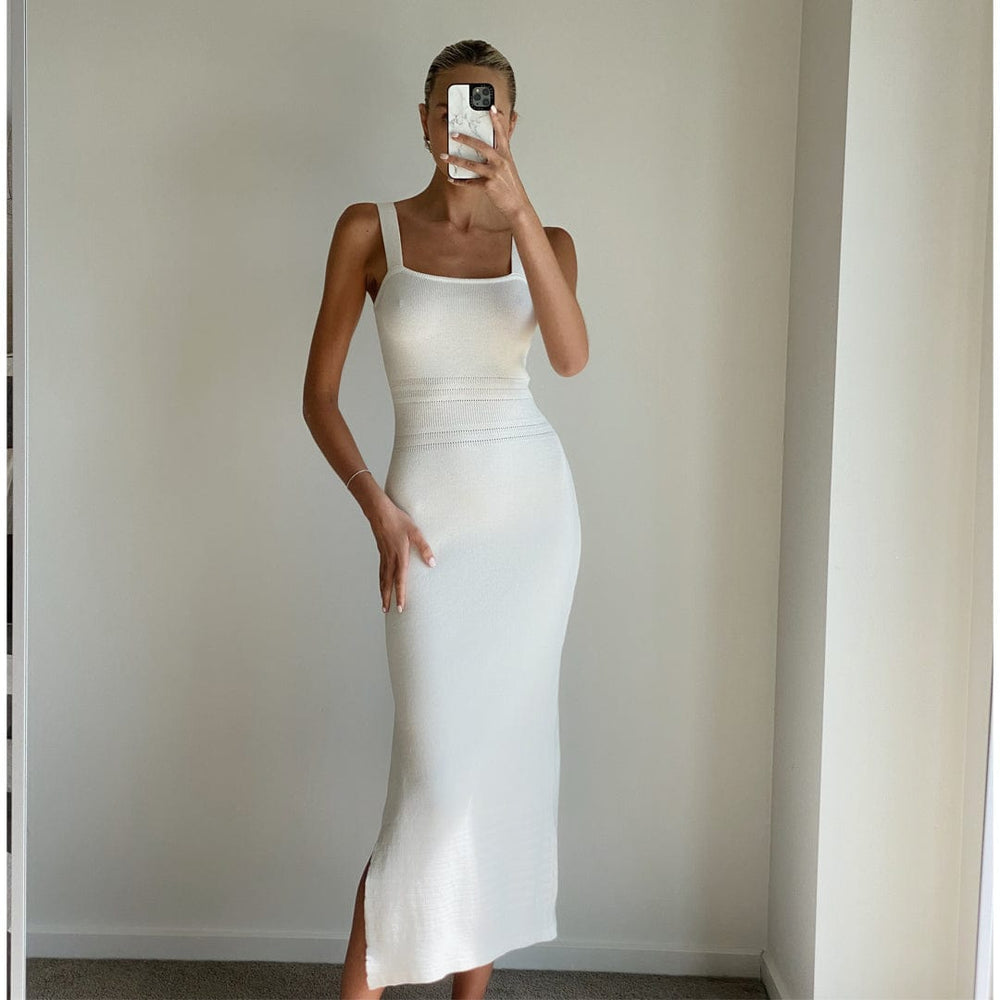 FREJA Ivory Wide Strap Bodycon Knit Midi Dress Ivory