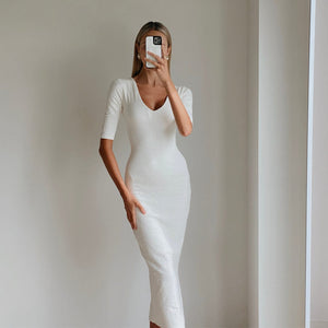 Matea Designs DRESS MIA White Bodycon V Neck Midi Dress 938-BELLADRESS-WHITE-XS