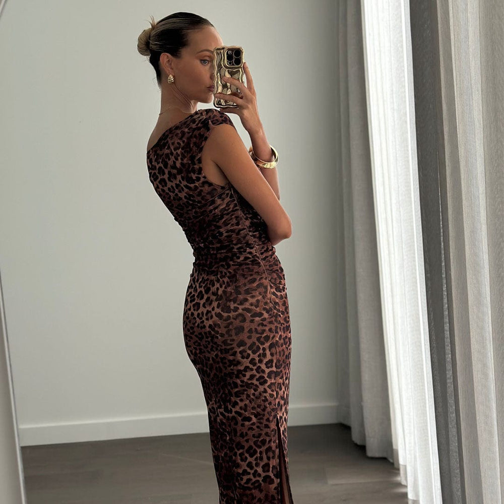 KASIA Leopard Print Off Shoulder Fitted Midi Dress