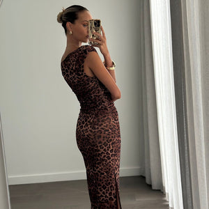 KASIA Leopard Print Off Shoulder Fitted Midi Dress