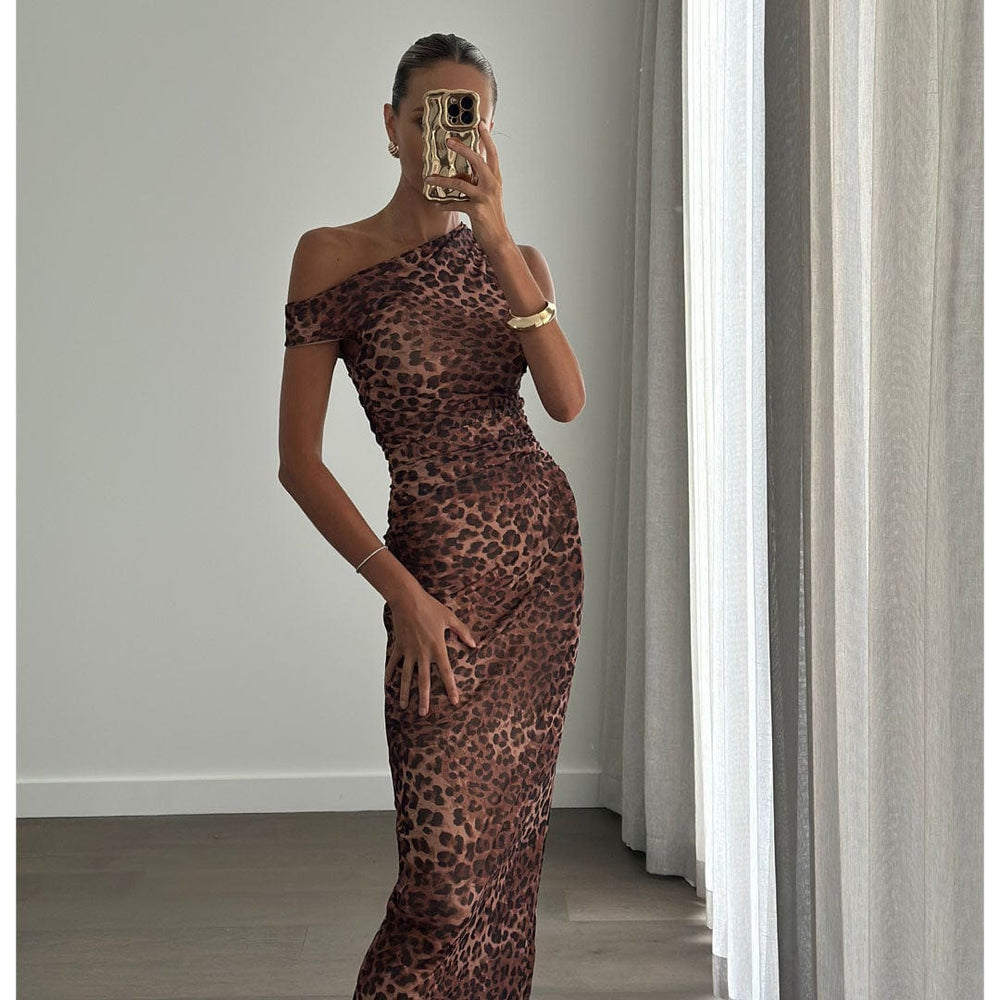 KASIA Leopard Print Off Shoulder Fitted Midi Dress