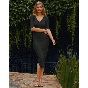 ELLA Black Bodycon V Neck Midi Dress