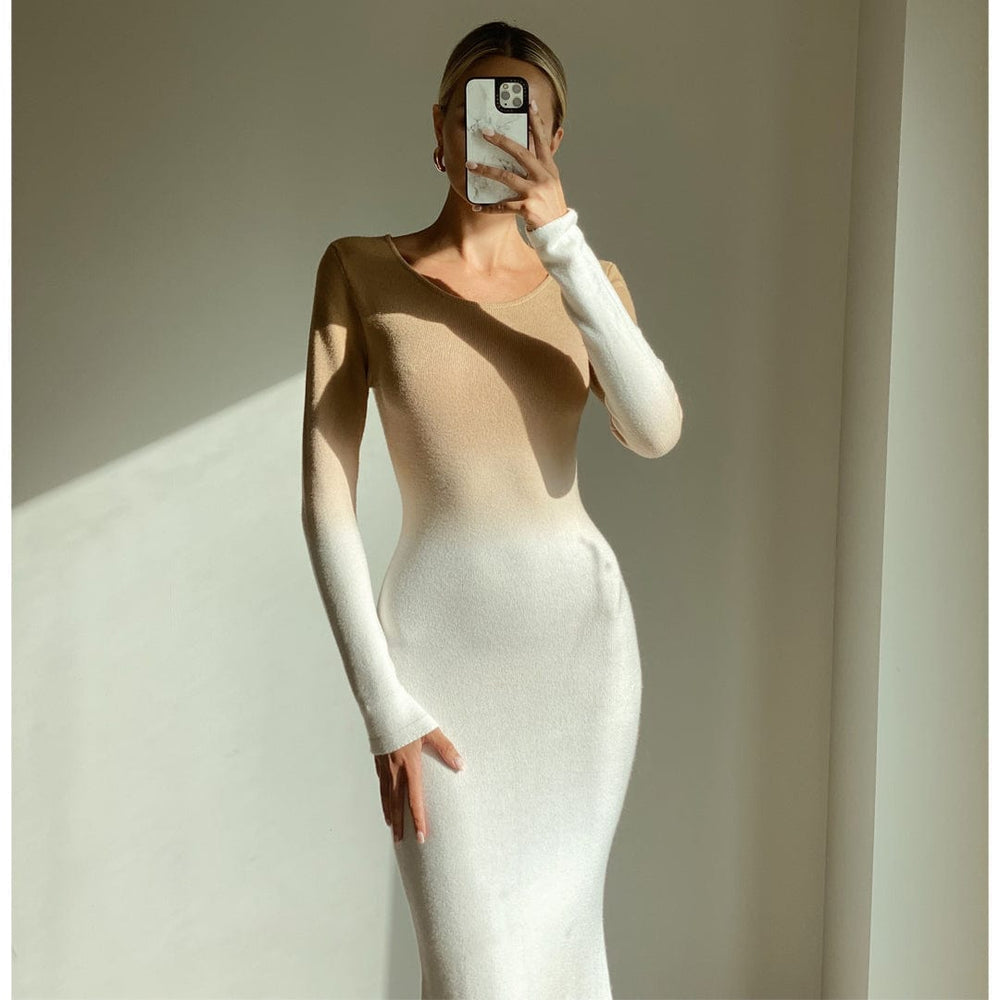 FAITH Ivory & Camel Long Sleeve Knit Maxi Dress