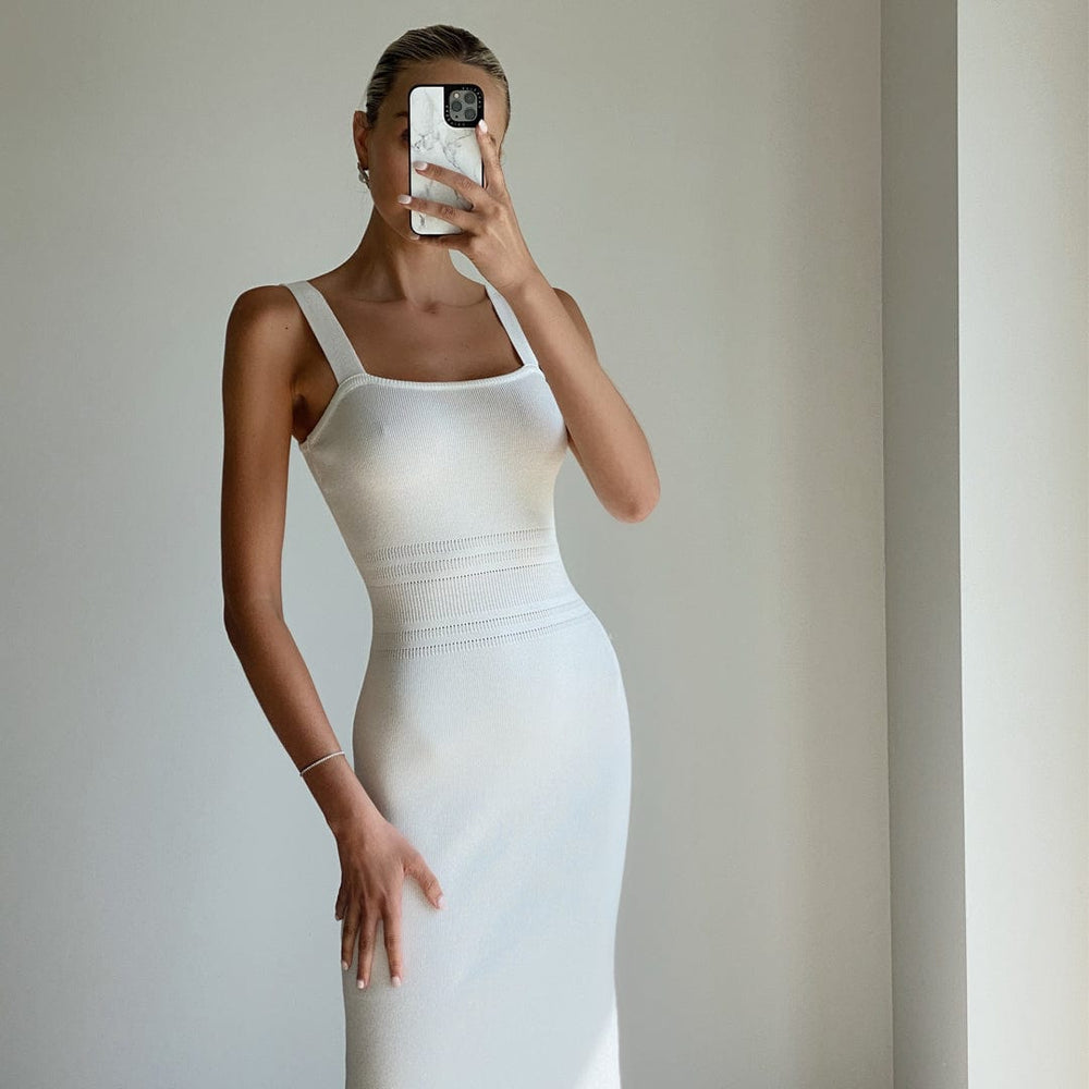 FREJA Ivory Wide Strap Bodycon Knit Midi Dress