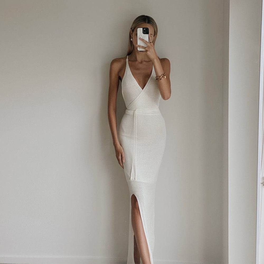 GALINA Ivory Knit Bodycon Backless Maxi Dress