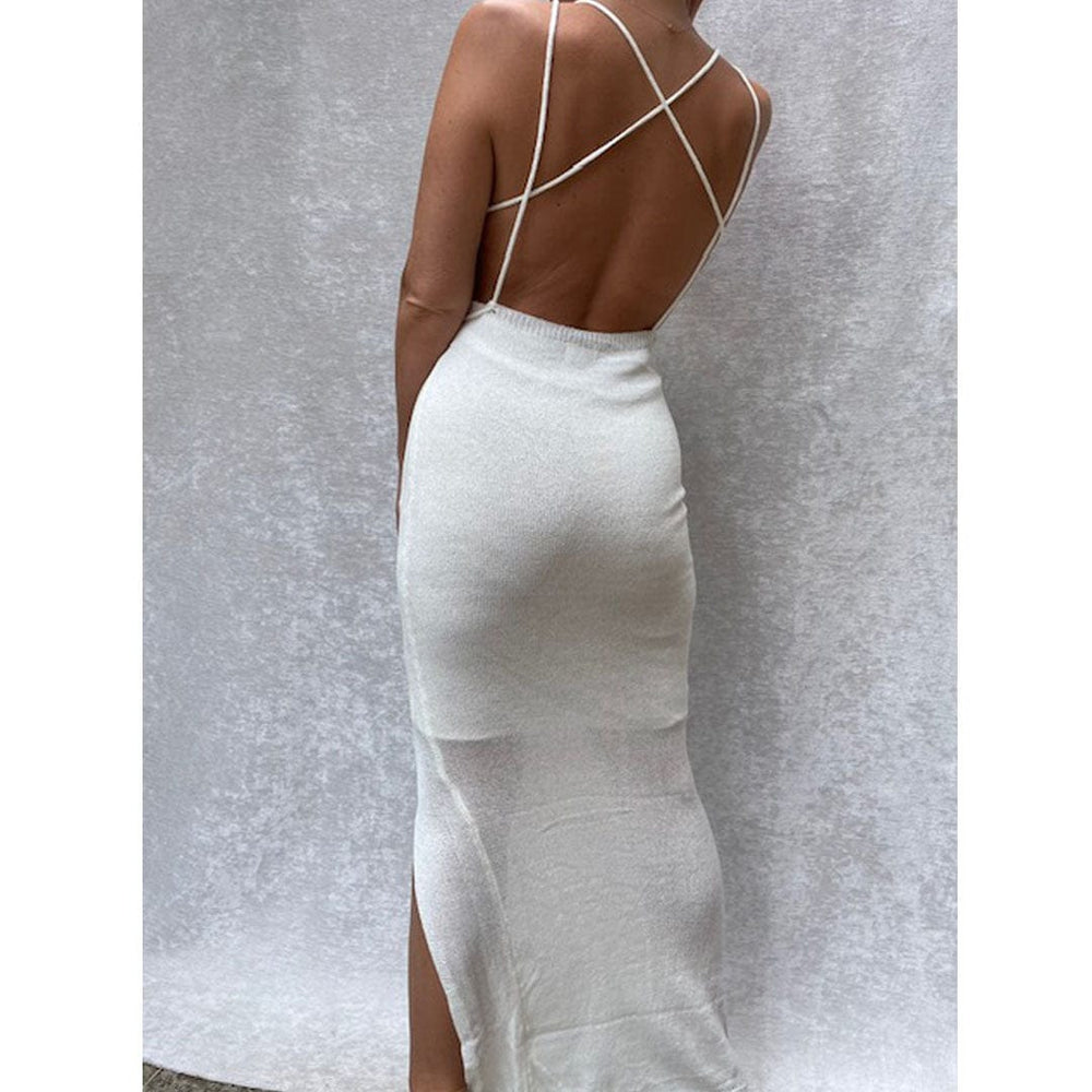 GALINA Ivory Knit Bodycon Backless Maxi Dress