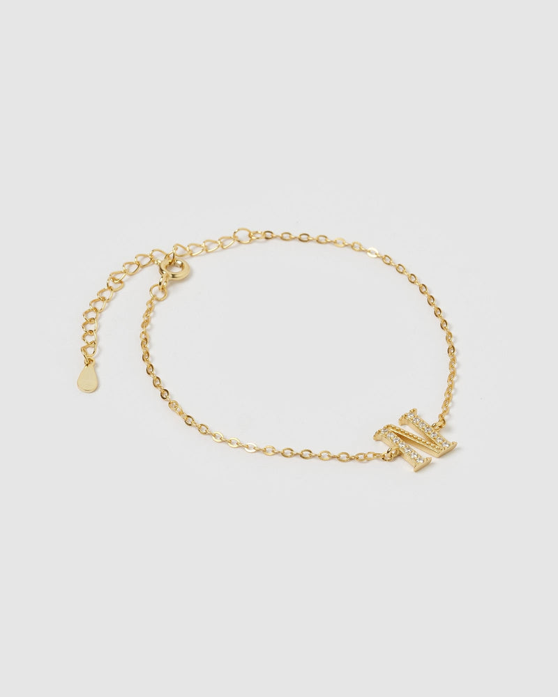 Izoa Crystal Letter N Bracelet Gold