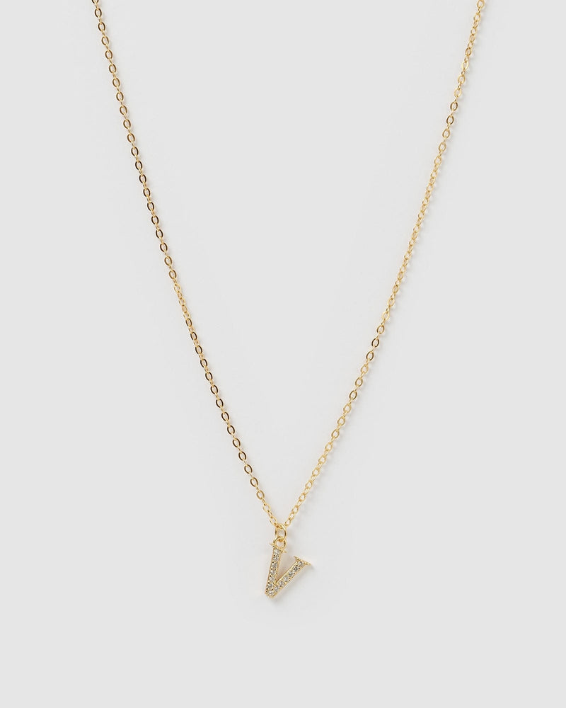 Izoa Crystal Letter V Necklace Gold