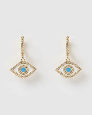 Izoa Evil Eye Huggie Earrings Gold Blue