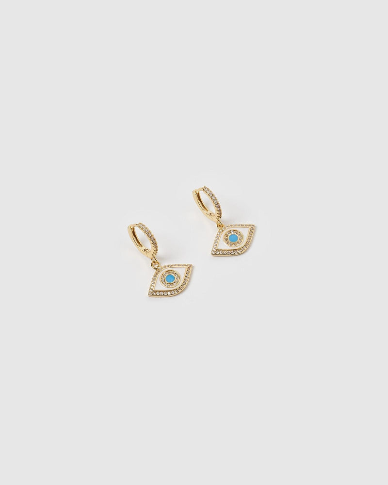 Izoa Evil Eye Huggie Earrings Gold Blue