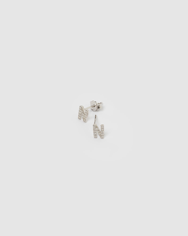 Izoa Alphabet Mini Letter N Stud Earrings Silver