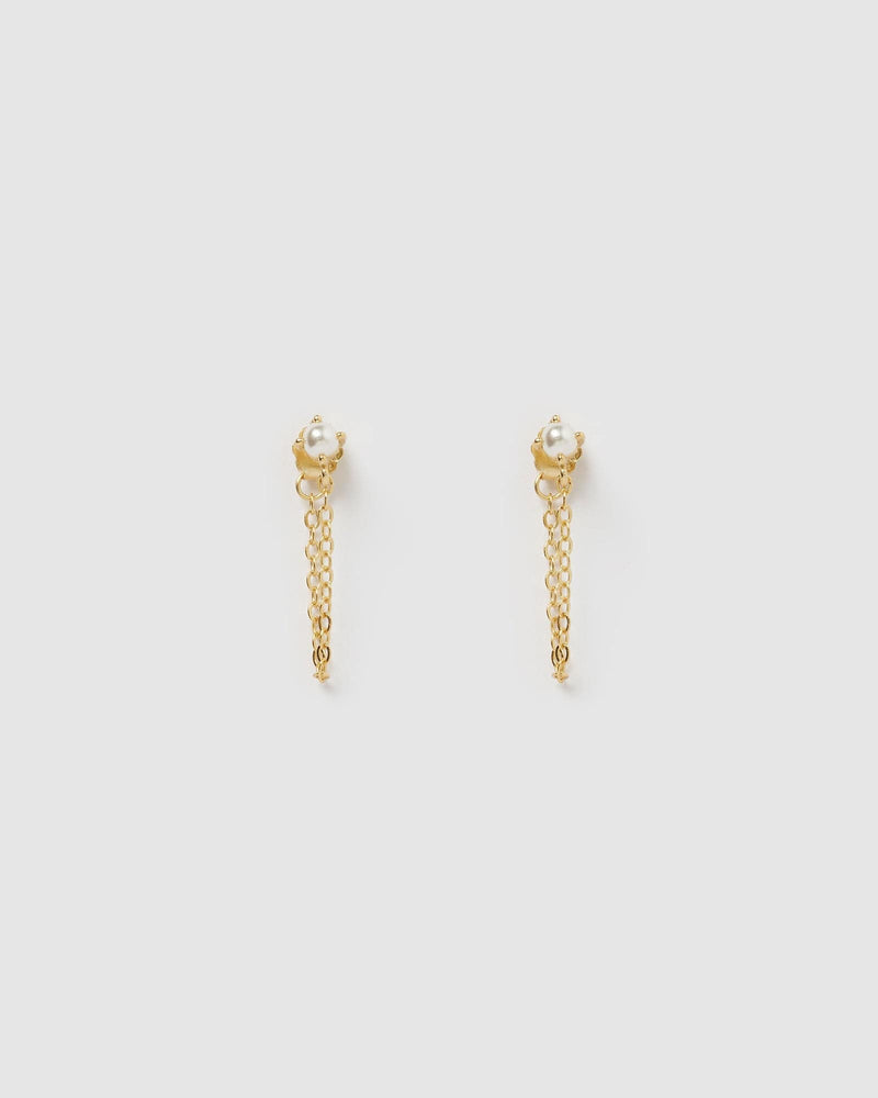 Izoa Savannah Drop Stud Earrings Gold Pearl