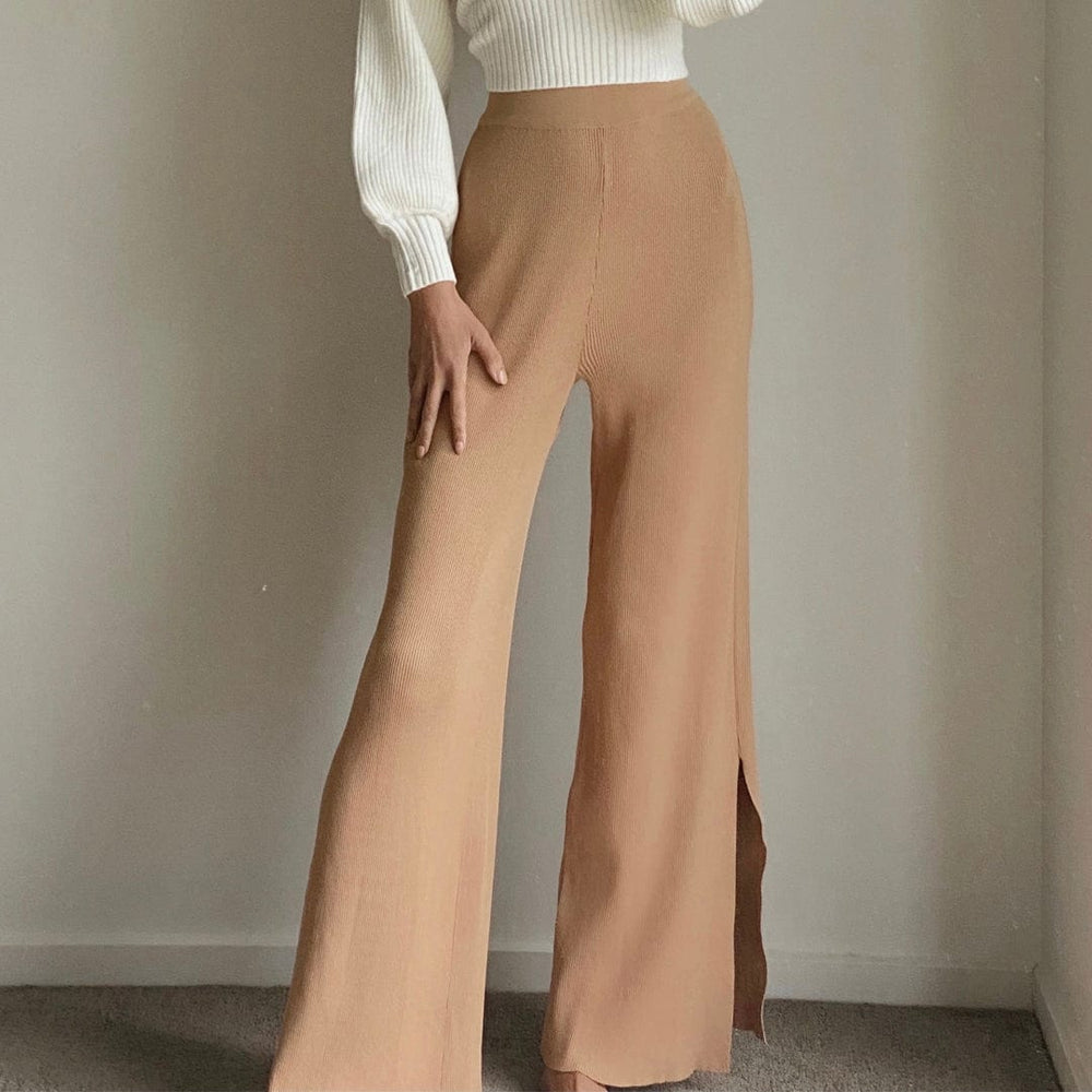 KARLIE Camel High Waist Wide Leg Knit Pants