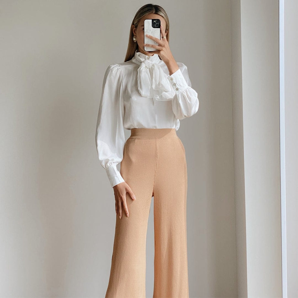 KARLIE Camel High Waist Wide Leg Knit Pants