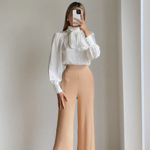 KARLIE Camel High Waist Wide Leg Knit Pants