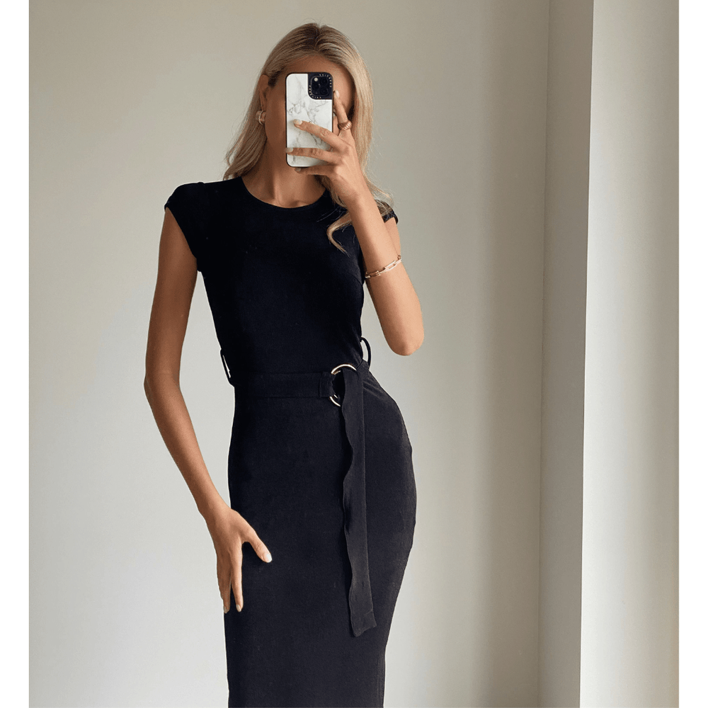 LEAH Black Short Sleeve Fitted Midi Dress