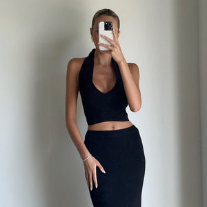 LIMA Black Mid Waist Side Split Knit Midi Skirt