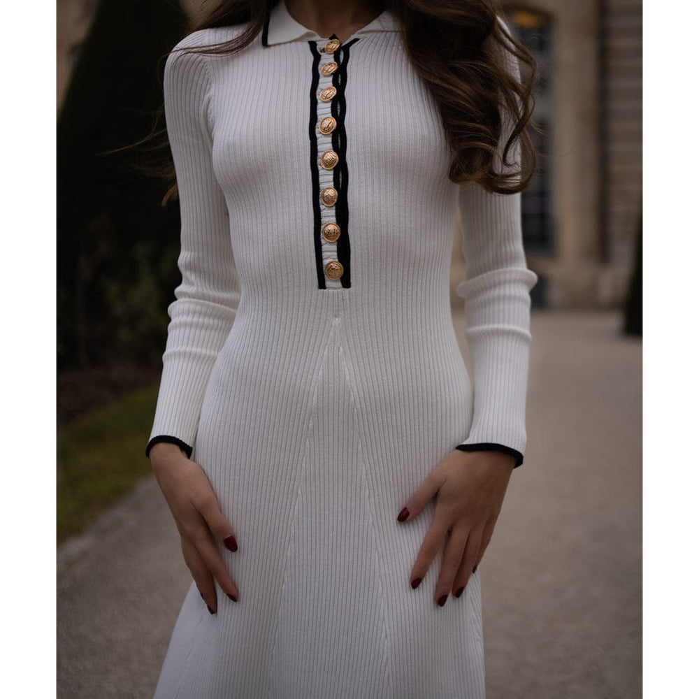 LYRA Ivory Long Sleeve Flowy Fitted Midi Knit Dress