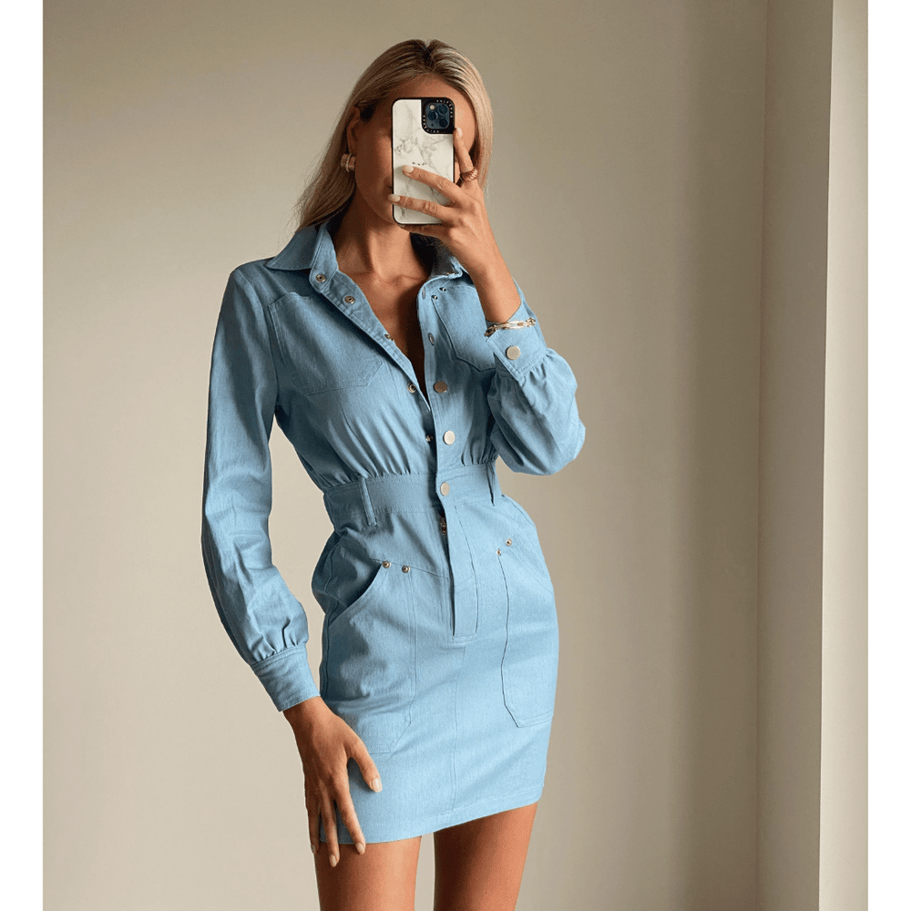 MAE Light Blue Denim Long Sleeve Mini Dress