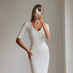 Matea Designs DRESS MIA White Bodycon V Neck Midi Dress