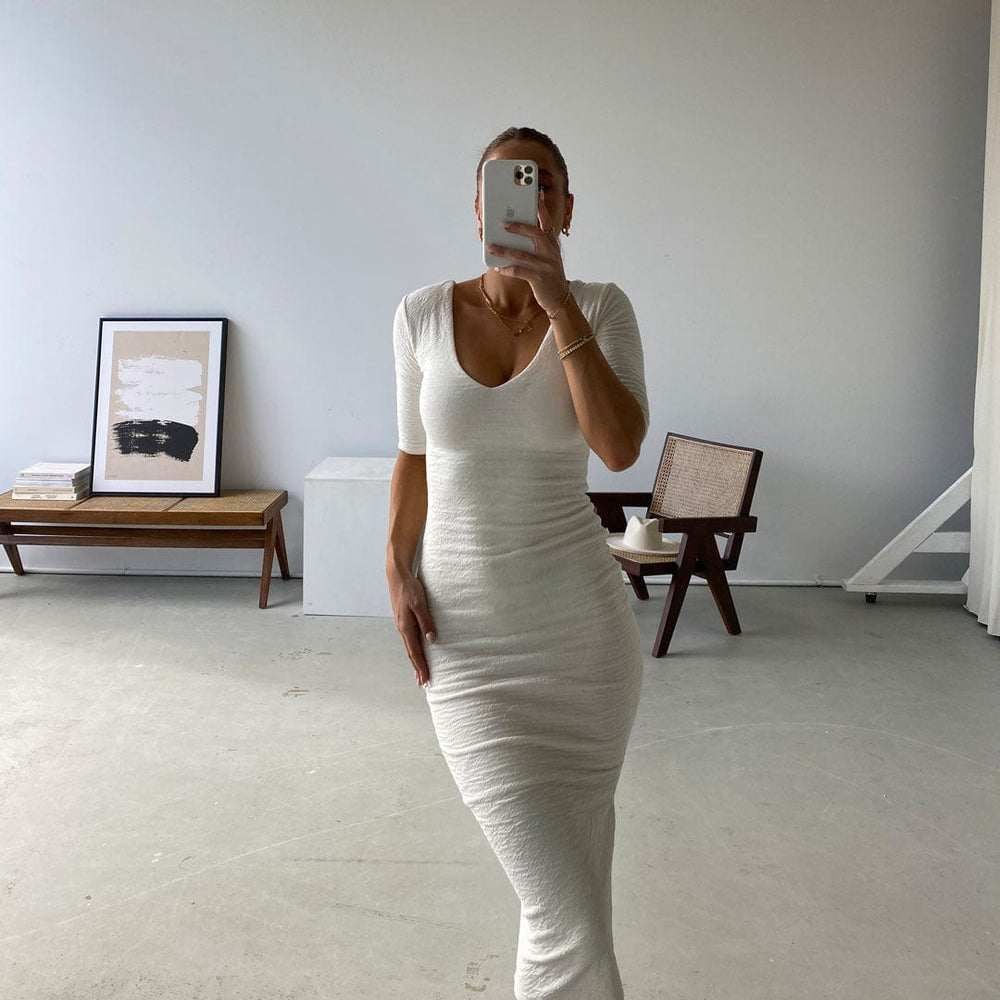 Matea Designs DRESS MIA White Bodycon V Neck Midi Dress