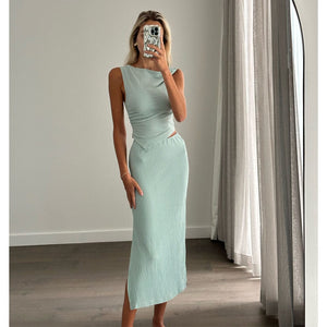 RAINA Teal Textured High Waist Midi Skirt