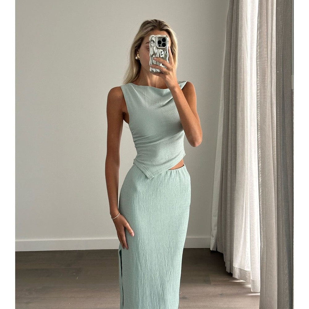 RAINA Teal Textured High Waist Midi Skirt