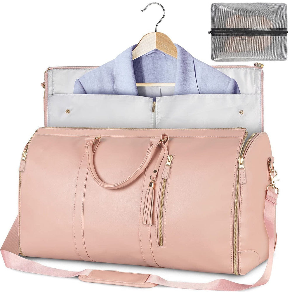 Pink Convertible Garment Duffel Bag with Leather Accents - Travel Weekender Bag for Suits and Dresses